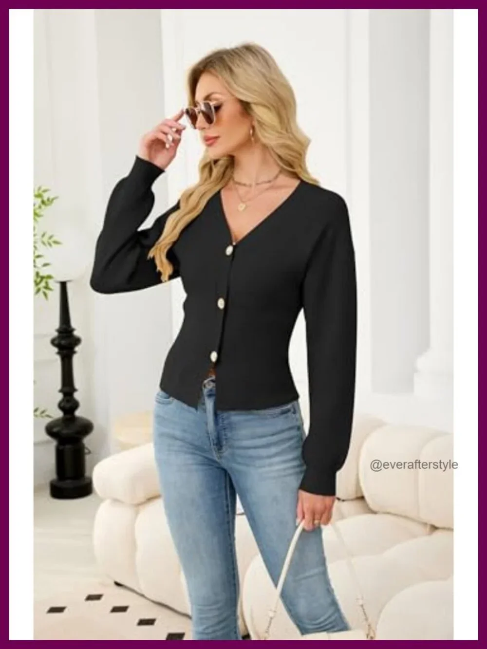 ECOWISH Cropped Cardigan Sweaters for Women Long Sleeve V Neck Button Down